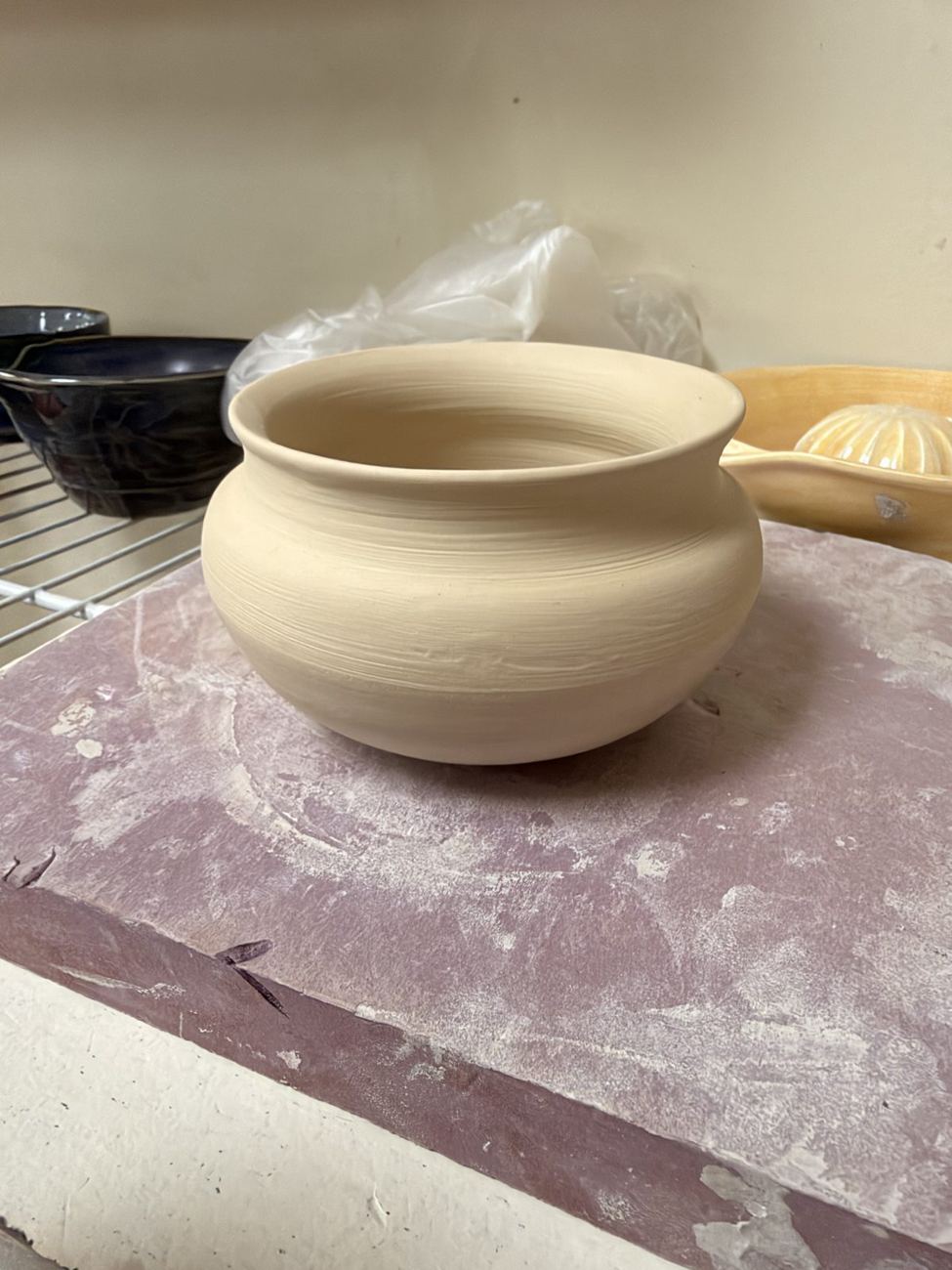 Greenware pot, drying before its first firing
