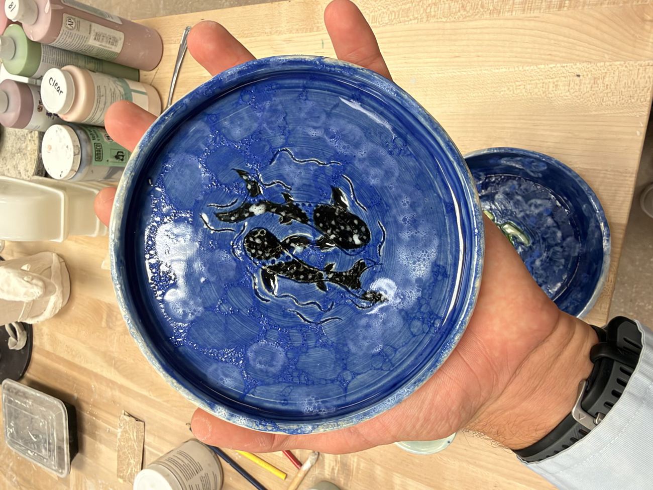 Cobalt dish with two inlaid swimmers